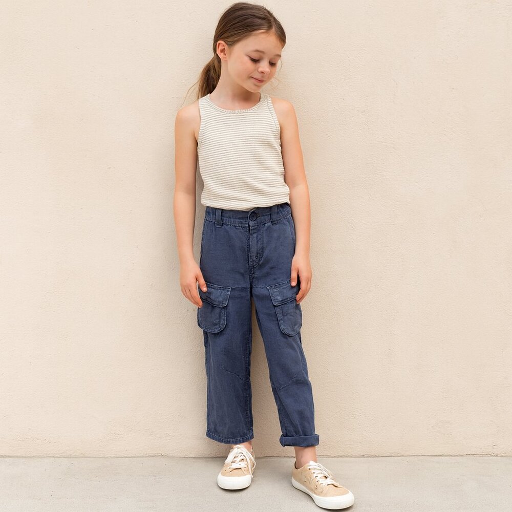 Ralph Lauren Girl's Linen Blend Cargo Pants Size 10 Navy Roll Up Cuff Coastal